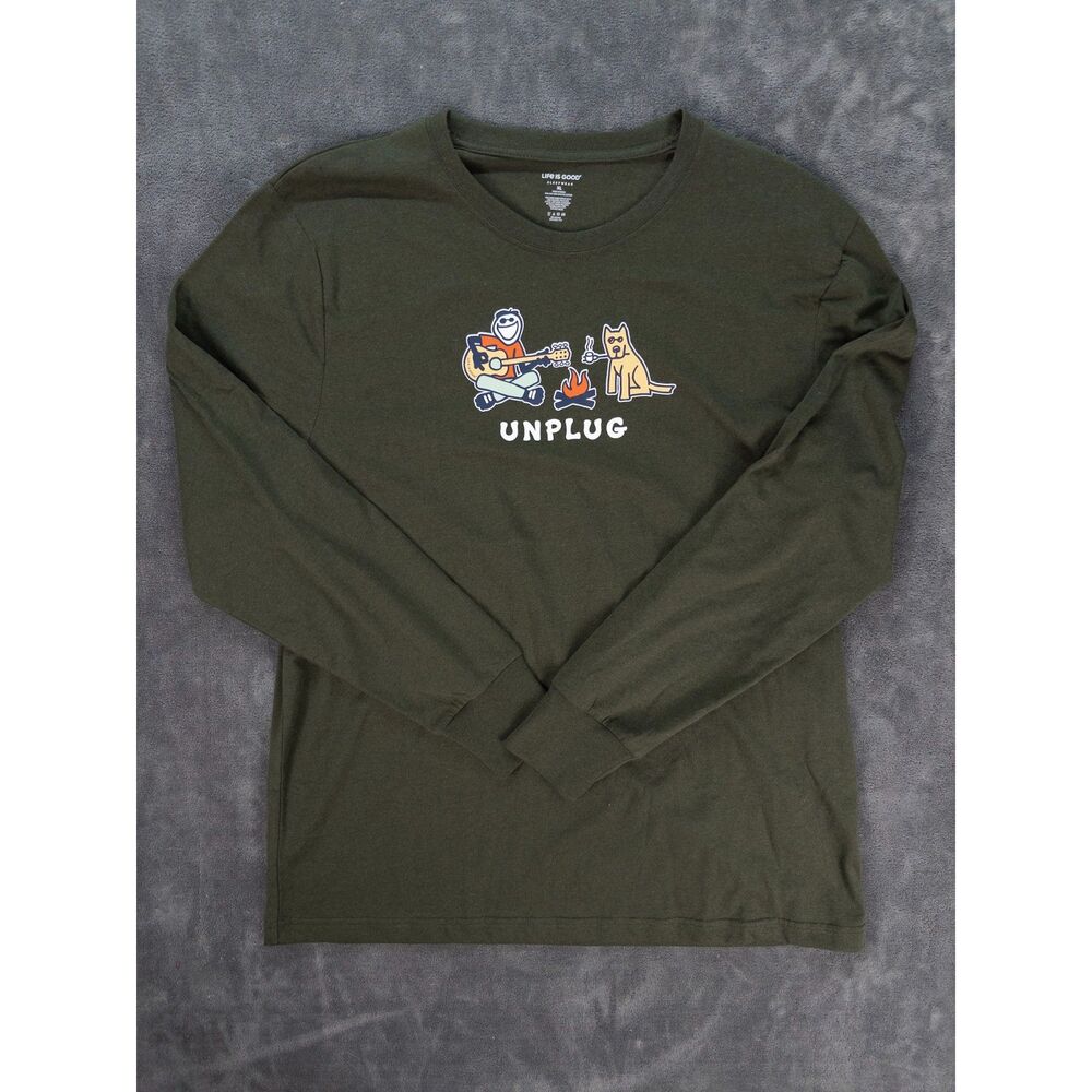 Life Is Good Unplug Long Sleeve Sleepwear Shirt XL Graphic Campfire Tee